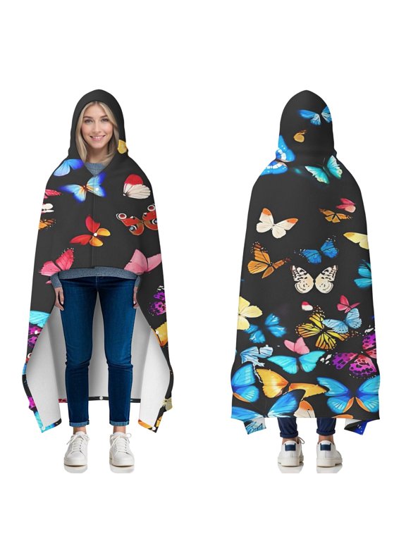 Wearable Blanket,Black Blue Yellow Butterfly Pattern Hooded Wearable Flannel Blanket for Adults & Teens with Buckle,Winter Poncho Shawl Wrap Cape,60"x80"