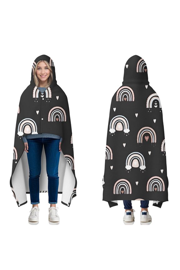 Wearable Blanket,Black Boho Bohemia Rainbow Hearts Pattern Hooded Wearable Flannel Blanket for Adults & Teens with Buckle,Winter Poncho Shawl Wrap Cape,60"x80"
