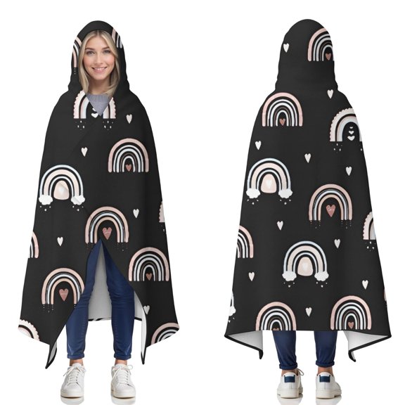 Wearable Blanket,Black Boho Bohemia Rainbow Hearts Pattern Hooded Wearable Flannel Blanket for Adults & Teens,Winter Poncho Shawl Wrap Cape Cozy Anti-Pill,50"x60"