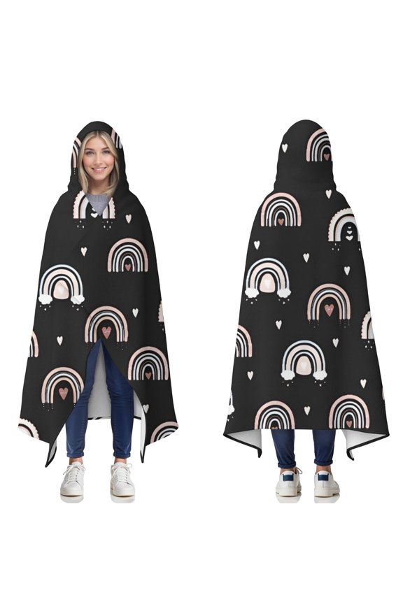 Wearable Blanket,Black Boho Bohemia Rainbow Hearts Pattern Hooded Wearable Flannel Blanket for Adults & Teens,Winter Poncho Shawl Wrap Cape Cozy Anti-Pill,50"x60"
