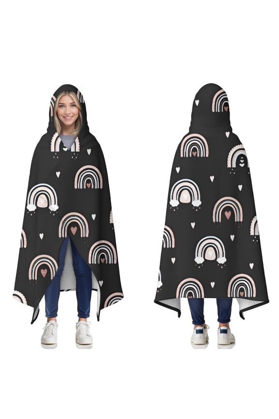 Wearable Blanket,Black Boho Bohemia Rainbow Hearts Pattern Hooded Wearable Sherpa Blanket for Adults & Teens,Winter Poncho Shawl Wrap Cape Thick Warm,50"x60"