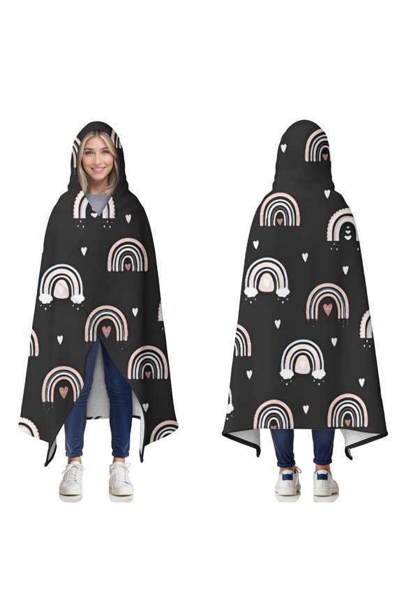 Wearable Blanket,Black Boho Bohemia Rainbow Hearts Pattern Hooded Wearable Sherpa Blanket for Adults & Teens,Winter Poncho Shawl Wrap Cape Thick Warm,60"x80"