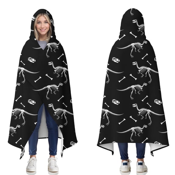 Wearable Blanket,Black Cartoon Dinosaurs Fossils Pattern Hooded Wearable Flannel Blanket for Adults & Teens,Winter Poncho Shawl Wrap Cape Cozy Anti-Pill,60"x80"