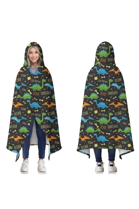 Wearable Blanket,Black Cartoon Dinosaurs Roar Pattern Hooded Wearable Sherpa Blanket for Adults & Teens,Winter Poncho Shawl Wrap Cape Thick Warm,60"x80"