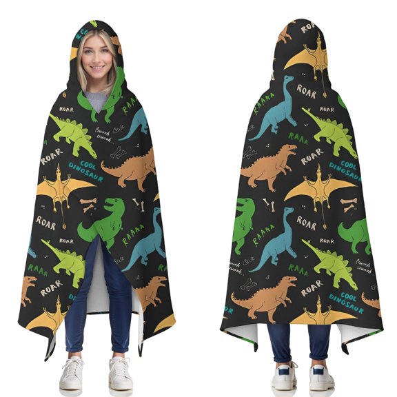 Wearable Blanket,Black Cartoon Dinosaurs Text Pattern Hooded Wearable Flannel Blanket for Adults & Teens,Winter Poncho Shawl Wrap Cape Cozy Anti-Pill,50"x60"