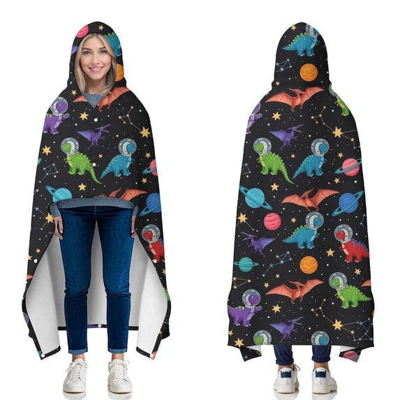 Wearable Blanket,Black Cartoon Space Dinosaurs Pattern Hooded Wearable Flannel Blanket for Adults & Teens with Buckle,Winter Poncho Shawl Wrap Cape,60"x80"