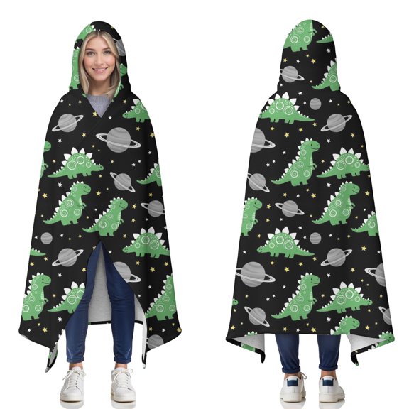 Wearable Blanket,Black Cartoon Space Dinosaurs Pattern Hooded Wearable Sherpa Blanket for Adults & Teens,Winter Poncho Shawl Wrap Cape Thick Warm,60"x80"