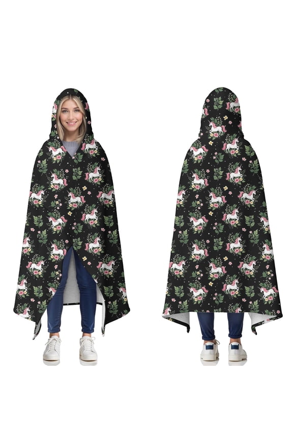 Wearable Blanket,Black Cartoon Unicorn Flower Leaf Pattern Hooded Wearable Sherpa Blanket for Adults & Teens,Winter Poncho Shawl Wrap Cape Thick Warm,60"x80"
