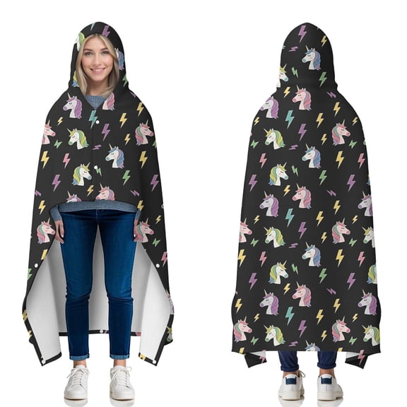 Wearable Blanket,Black Cartoon Unicorn Lightning Pattern Hooded Wearable Flannel Blanket for Adults & Teens with Buckle,Winter Poncho Shawl Wrap Cape,50"x60"