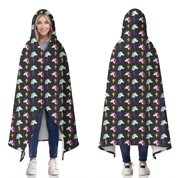 Wearable Blanket,Black Cartoon Unicorn Lightning Pattern Hooded Wearable Sherpa Blanket for Adults & Teens,Winter Poncho Shawl Wrap Cape Thick Warm,50"x60"