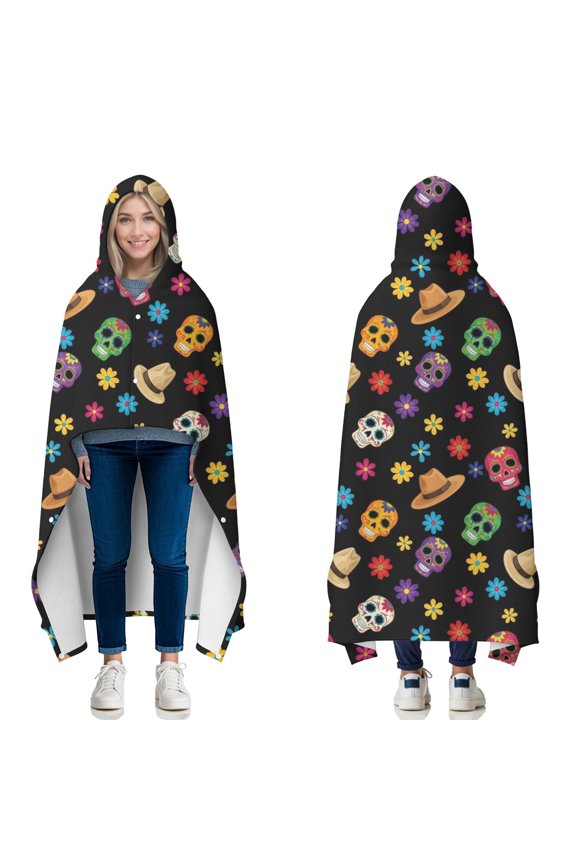 Wearable Blanket,Black Colorful Skull Flower Hat Pattern Hooded Wearable Flannel Blanket for Adults & Teens with Buckle,Winter Poncho Shawl Wrap Cape,60"x80"