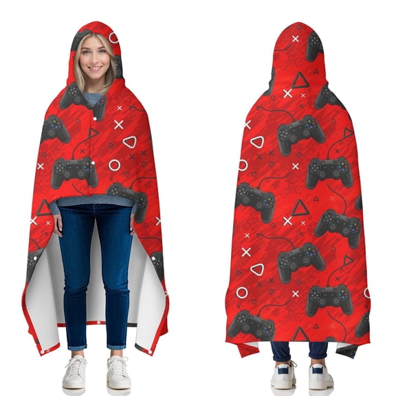 Wearable Blanket,Black Controllers Games Symbols Red Pattern Hooded Wearable Flannel Blanket for Adults & Teens with Buckle,Winter Poncho Shawl Wrap Cape,50"x60"