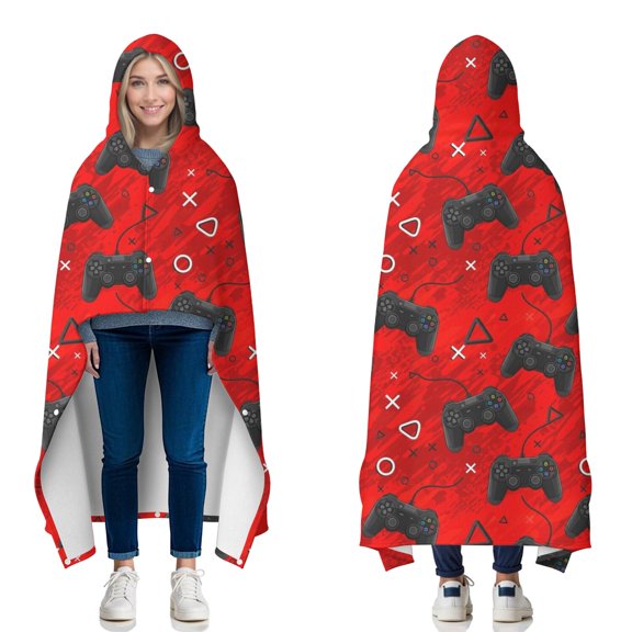 Wearable Blanket,Black Controllers Games Symbols Red Pattern Hooded Wearable Flannel Blanket for Adults & Teens with Buckle,Winter Poncho Shawl Wrap Cape,60"x80"