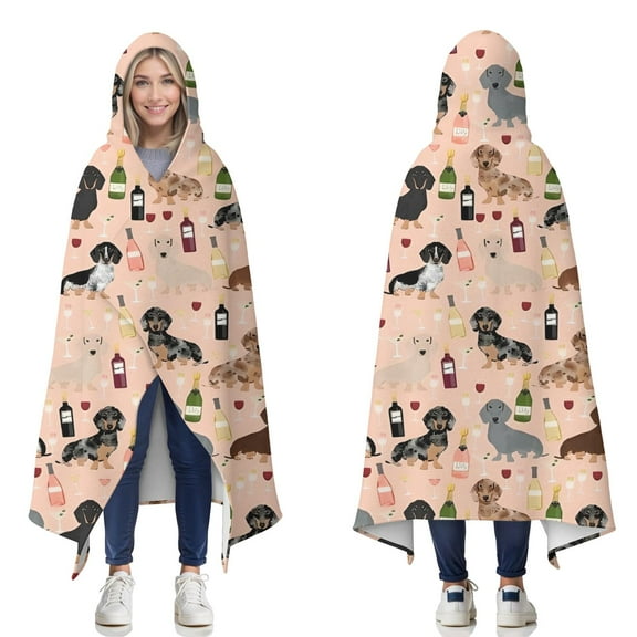 Wearable Blanket,Black Cute Dachshund Dog and Wine Hooded Wearable Flannel Blanket for Adults & Teens,Winter Poncho Shawl Wrap Cape Cozy Anti-Pill,50"x60"