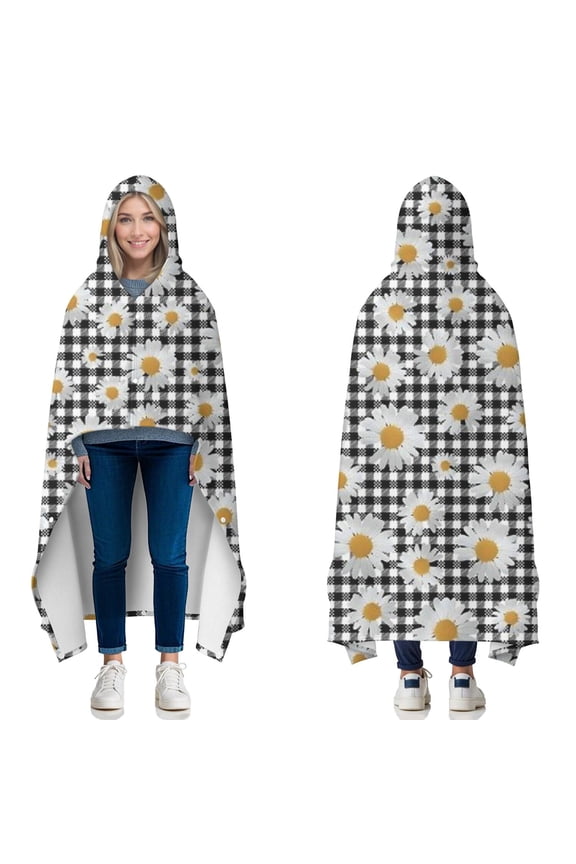 Wearable Blanket,Black Daisy Flower Checkered Pattern Hooded Wearable Flannel Blanket for Adults & Teens with Buckle,Winter Poncho Shawl Wrap Cape,50"x60"