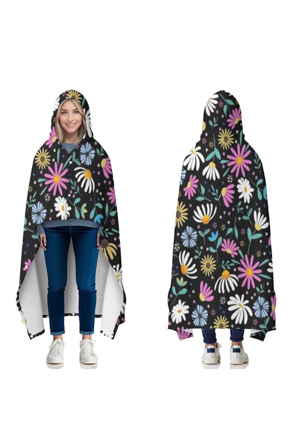 Wearable Blanket,Black Daisy Flower Colorful Blooms Pattern Hooded Wearable Flannel Blanket for Adults & Teens with Buckle,Winter Poncho Shawl Wrap Cape,50"x60"