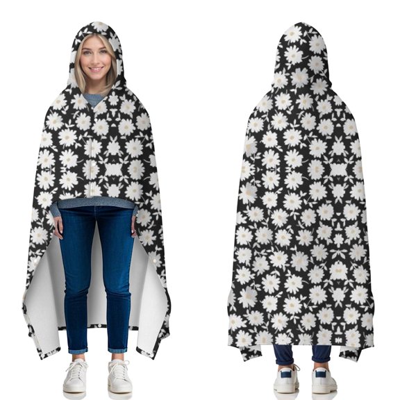Wearable Blanket,Black Daisy Flower Pattern Hooded Wearable Flannel Blanket for Adults & Teens with Buckle,Winter Poncho Shawl Wrap Cape,60"x80"