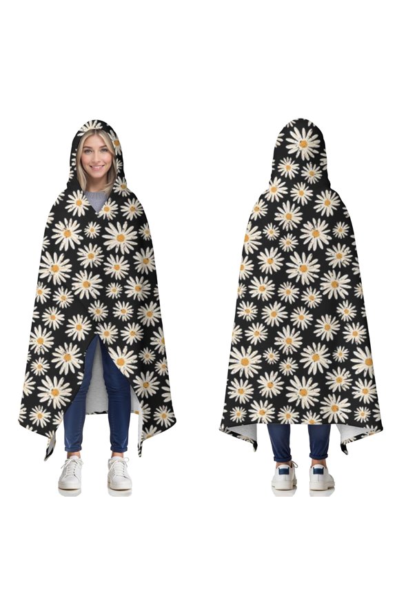 Wearable Blanket,Black Daisy Flower Pattern Hooded Wearable Sherpa Blanket for Adults & Teens,Winter Poncho Shawl Wrap Cape Thick Warm,60"x80"