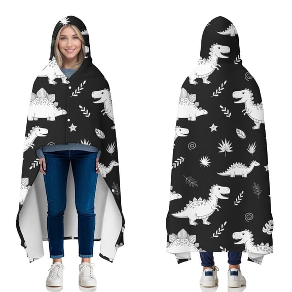 Wearable Blanket,Black Dinosaurs Leaves Stars Pattern Hooded Wearable Flannel Blanket for Adults & Teens with Buckle,Winter Poncho Shawl Wrap Cape,50"x60"