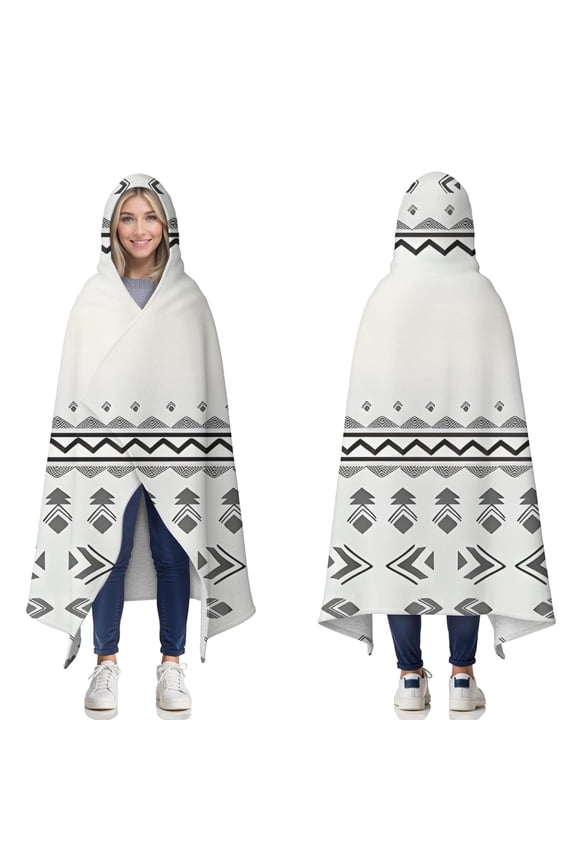 Wearable Blanket,Black Geometric Border Pattern Hooded Wearable Sherpa Blanket for Adults & Teens,Winter Poncho Shawl Wrap Cape Thick Warm,50"x60"
