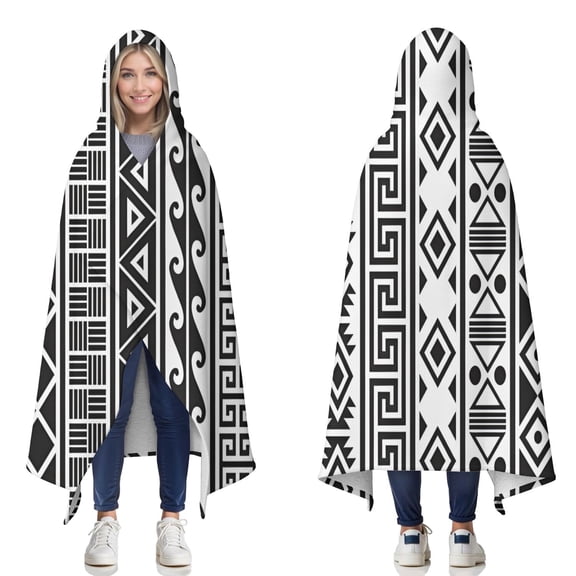 Wearable Blanket,Black Geometric Diamond Wave Pattern Hooded Wearable Sherpa Blanket for Adults & Teens,Winter Poncho Shawl Wrap Cape Thick Warm,60"x80"