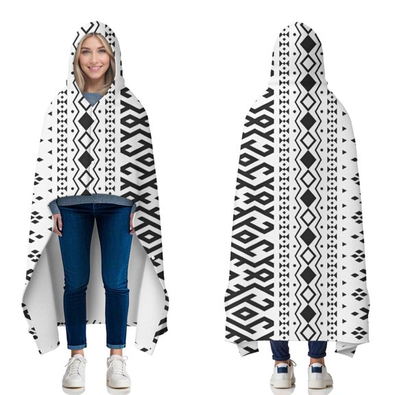 Wearable Blanket,Black Geometric Striped Pattern Hooded Wearable Flannel Blanket for Adults & Teens with Buckle,Winter Poncho Shawl Wrap Cape,50"x60"