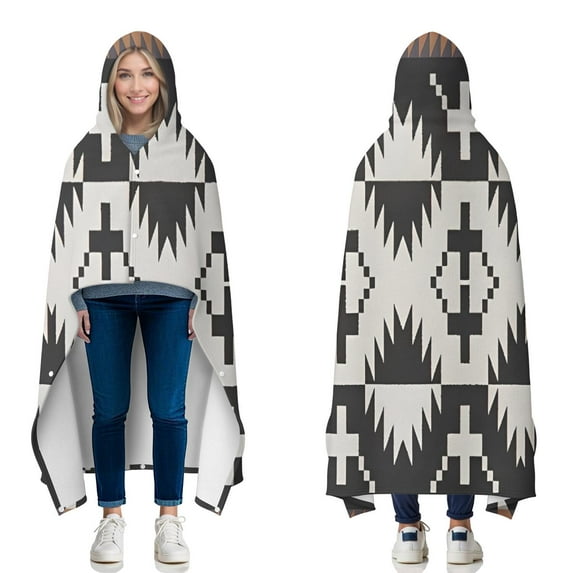 Wearable Blanket,Black Geometric Triangle Arrow Pattern Hooded Wearable Flannel Blanket for Adults & Teens with Buckle,Winter Poncho Shawl Wrap Cape,60"x80"