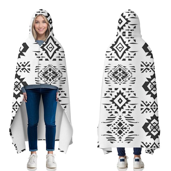 Wearable Blanket,Black Geometric Triangle Diamond Pattern Hooded Wearable Flannel Blanket for Adults & Teens with Buckle,Winter Poncho Shawl Wrap Cape,50"x60"