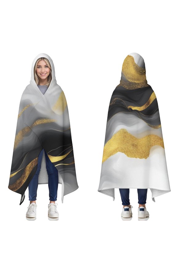 Wearable Blanket,Black and Gold Marble Glitter Streaks Pattern Hooded Wearable Sherpa Blanket for Adults & Teens,Winter Poncho Shawl Wrap Cape Thick Warm,60"x80"