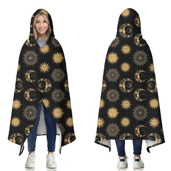 Wearable Blanket,Black Gold Sun Moon Pattern Hooded Wearable Sherpa Blanket for Adults & Teens,Winter Poncho Shawl Wrap Cape Thick Warm,60"x80"