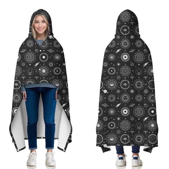 Wearable Blanket,Black Gothic Astrology Symbol Pattern Hooded Wearable Flannel Blanket for Adults & Teens with Buckle,Winter Poncho Shawl Wrap Cape,50"x60"