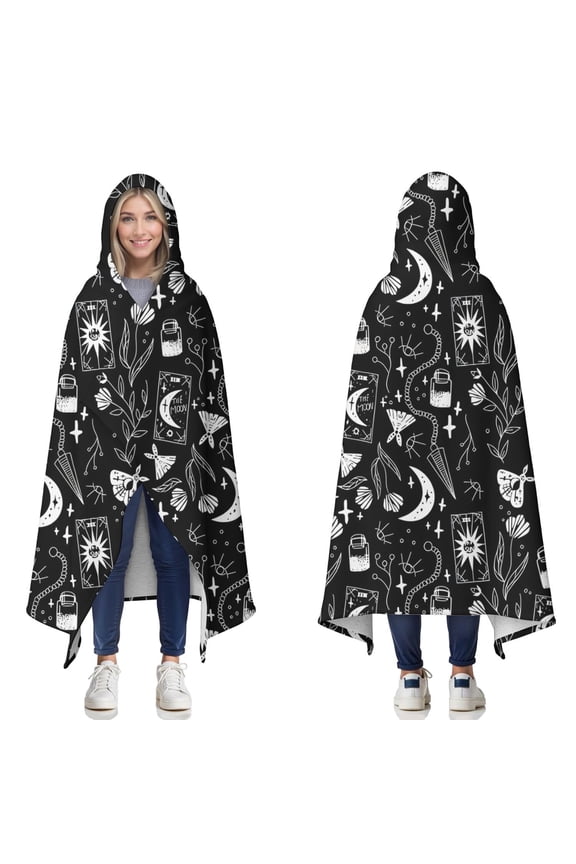 Wearable Blanket,Black Gothic Moon Card Moth Pattern Hooded Wearable Sherpa Blanket for Adults & Teens,Winter Poncho Shawl Wrap Cape Thick Warm,60"x80"