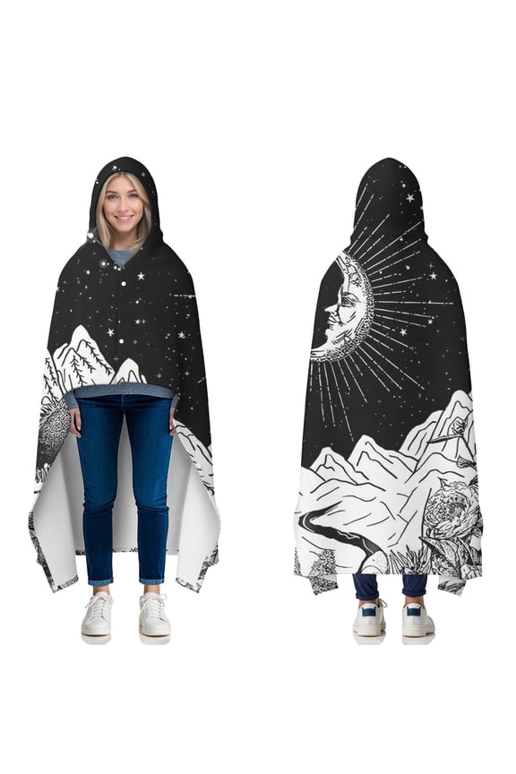 Wearable Blanket,Black Gothic Moon Mountain Pattern Hooded Wearable Flannel Blanket for Adults & Teens with Buckle,Winter Poncho Shawl Wrap Cape,60"x80"