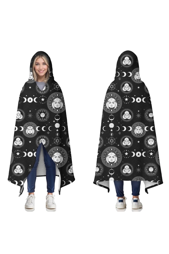 Wearable Blanket,Black Gothic Moon Star Face Pattern Hooded Wearable Sherpa Blanket for Adults & Teens,Winter Poncho Shawl Wrap Cape Thick Warm,60"x80"