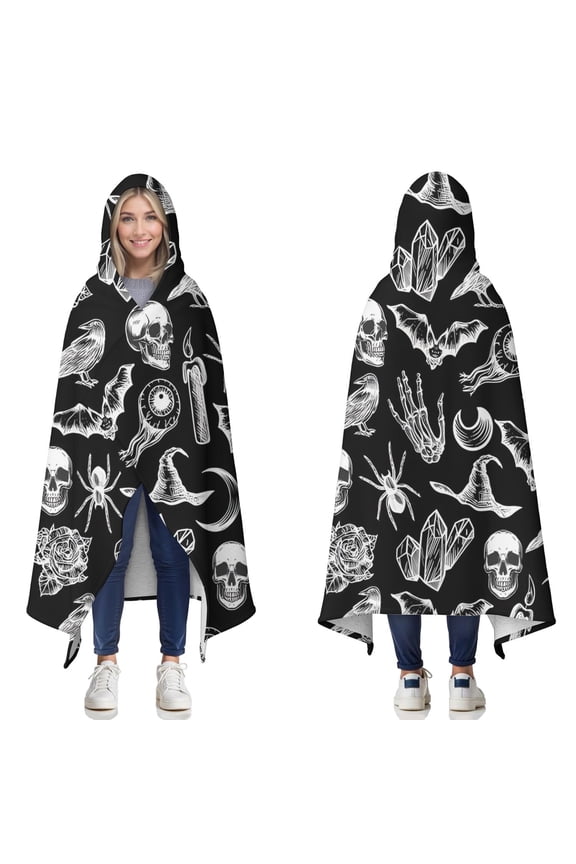 Wearable Blanket,Black Gothic Skull Bat Pattern Hooded Wearable Sherpa Blanket for Adults & Teens,Winter Poncho Shawl Wrap Cape Thick Warm,60"x80"