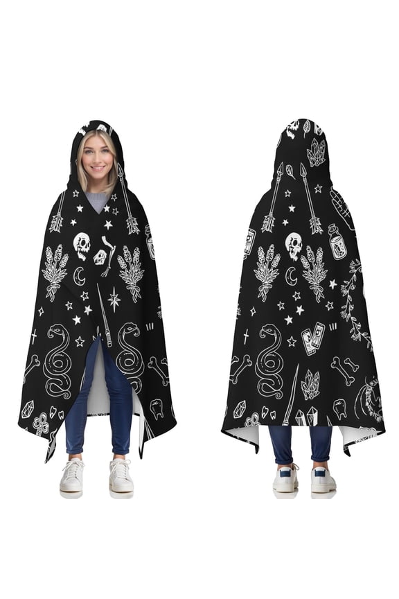 Wearable Blanket,Black Gothic Skull Cat Pattern Hooded Wearable Flannel Blanket for Adults & Teens,Winter Poncho Shawl Wrap Cape Cozy Anti-Pill,50"x60"
