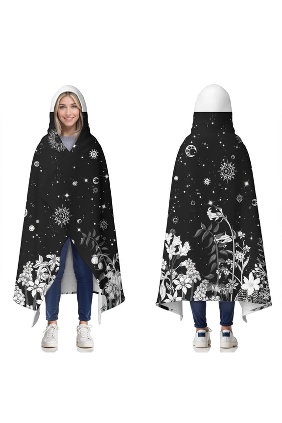 Wearable Blanket,Black Gothic Sun Moon Flower Pattern Hooded Wearable Sherpa Blanket for Adults & Teens,Winter Poncho Shawl Wrap Cape Thick Warm,60"x80"