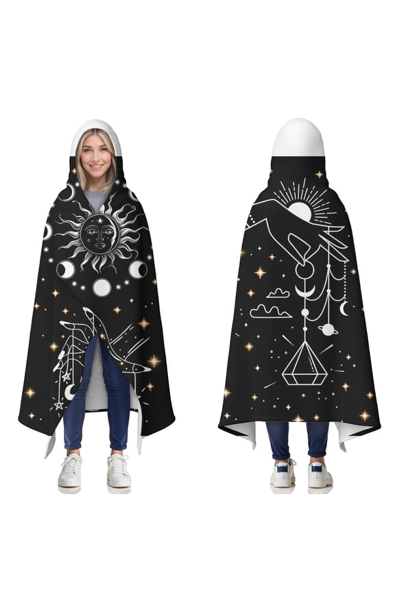 Wearable Blanket,Black Gothic Sun Moon Hand Pattern Hooded Wearable Sherpa Blanket for Adults & Teens,Winter Poncho Shawl Wrap Cape Thick Warm,60"x80"