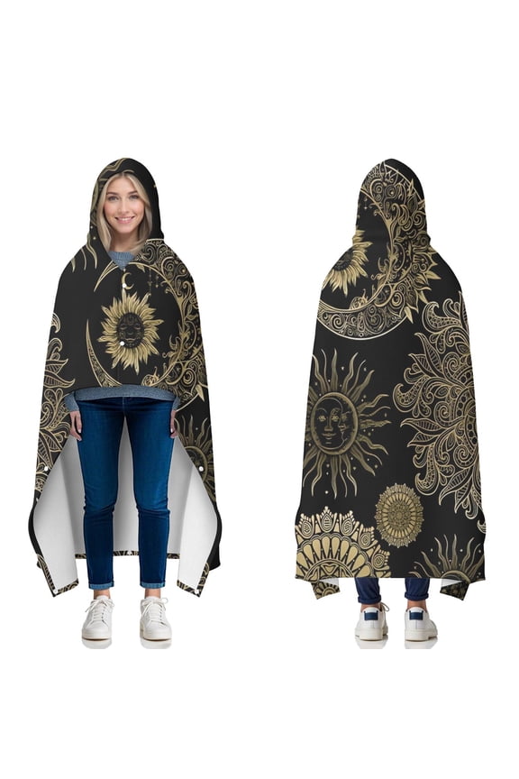 Wearable Blanket,Black Gothic Sun Moon Pattern Hooded Wearable Flannel Blanket for Adults & Teens with Buckle,Winter Poncho Shawl Wrap Cape,50"x60"