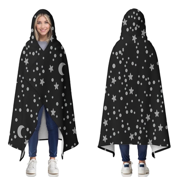 Wearable Blanket,Black Gray Star Moon Pattern Hooded Wearable Sherpa Blanket for Adults & Teens,Winter Poncho Shawl Wrap Cape Thick Warm,60"x80"