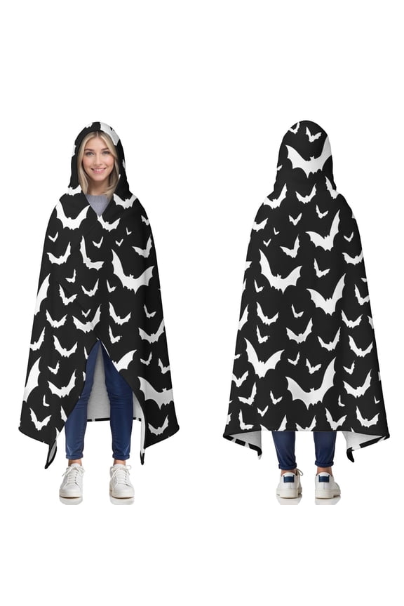Wearable Blanket,Black Halloween Bat Silhouettes Hooded Wearable Sherpa Blanket for Adults & Teens,Winter Poncho Shawl Wrap Cape Thick Warm,60"x80"