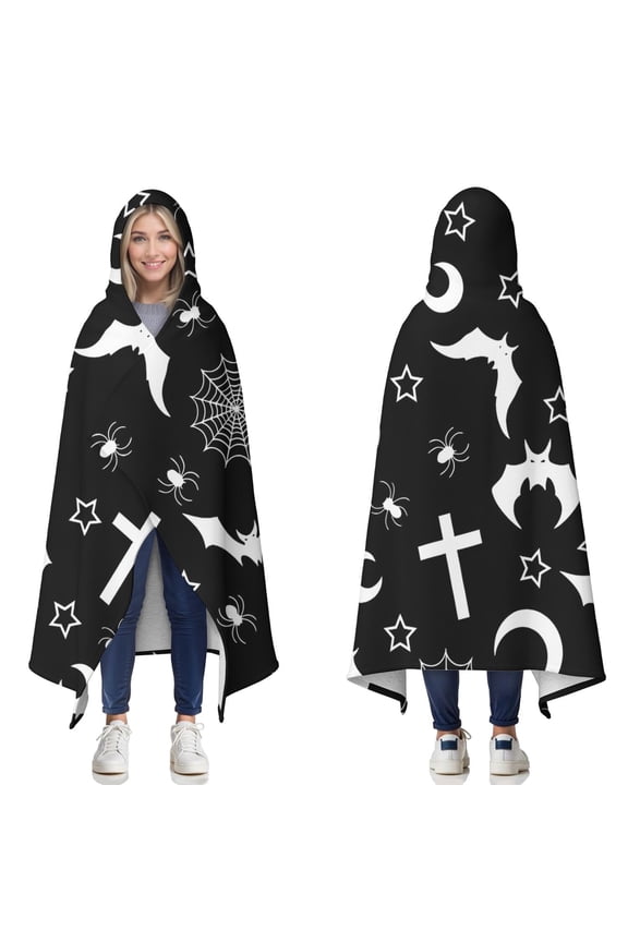 Wearable Blanket,Black Halloween Bat Spider Pattern Hooded Wearable Sherpa Blanket for Adults & Teens,Winter Poncho Shawl Wrap Cape Thick Warm,60"x80"