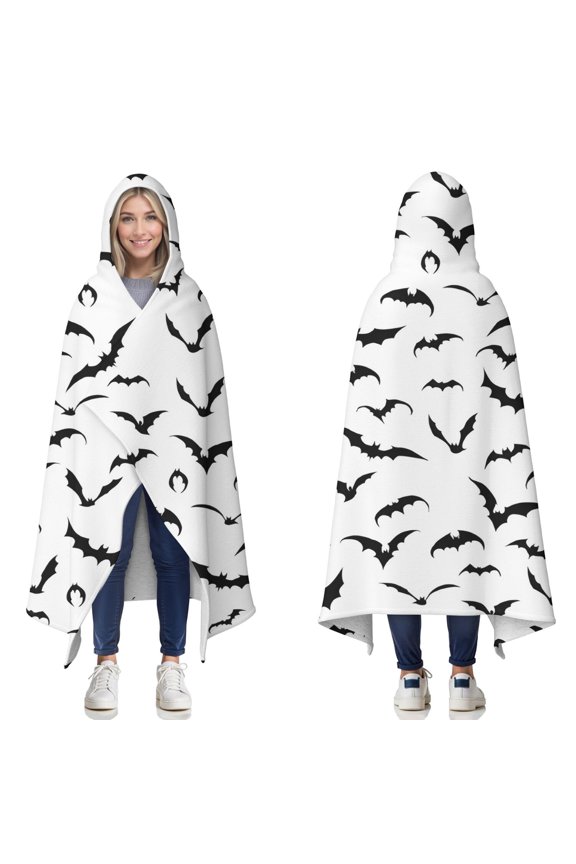 Wearable Blanket,Black Halloween Bats Hooded Wearable Sherpa Blanket for Adults & Teens,Winter Poncho Shawl Wrap Cape Thick Warm,60"x80"