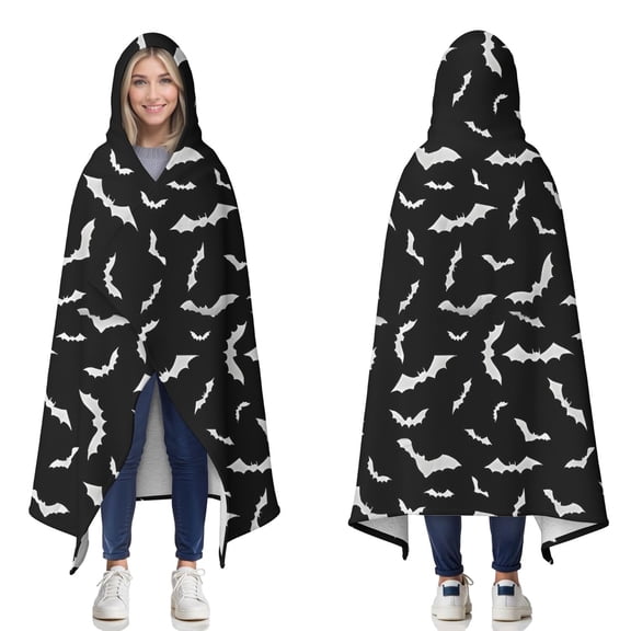 Wearable Blanket,Black Halloween Bats with White Hooded Wearable Sherpa Blanket for Adults & Teens,Winter Poncho Shawl Wrap Cape Thick Warm,60"x80"