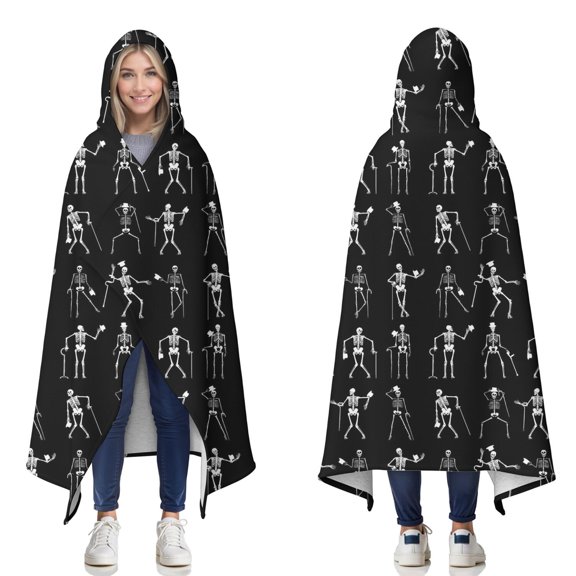 Wearable Blanket,Black Halloween Dancing Skeleton Pattern Hooded Wearable Sherpa Blanket for Adults & Teens,Winter Poncho Shawl Wrap Cape Thick Warm,60"x80"