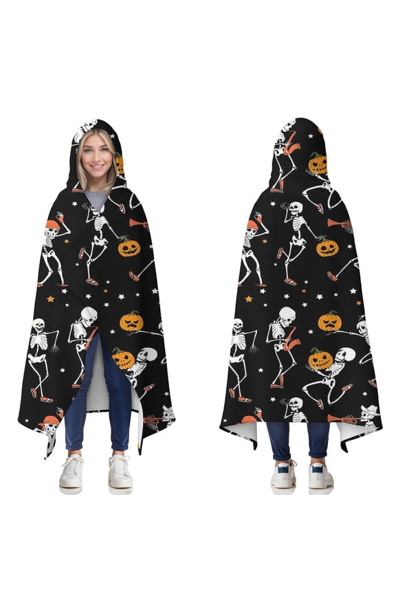Wearable Blanket,Black Halloween Dancing Skeletons Hooded Wearable Flannel Blanket for Adults & Teens,Winter Poncho Shawl Wrap Cape Cozy Anti-Pill,50"x60"