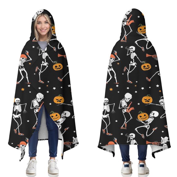 Wearable Blanket,Black Halloween Dancing Skeletons Hooded Wearable Sherpa Blanket for Adults & Teens,Winter Poncho Shawl Wrap Cape Thick Warm,60"x80"