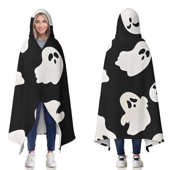 Wearable Blanket,Black Halloween Ghost Silhouettes Hooded Wearable Sherpa Blanket for Adults & Teens,Winter Poncho Shawl Wrap Cape Thick Warm,60"x80"
