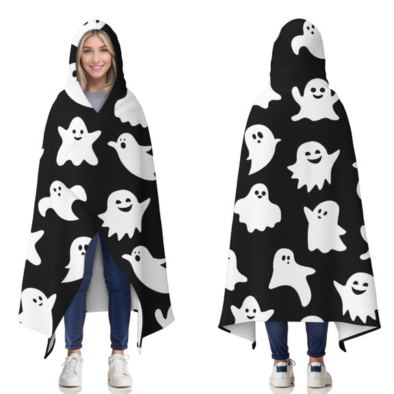 Wearable Blanket,Black Halloween Ghosts Hooded Wearable Flannel Blanket for Adults & Teens,Winter Poncho Shawl Wrap Cape Cozy Anti-Pill,50"x60"