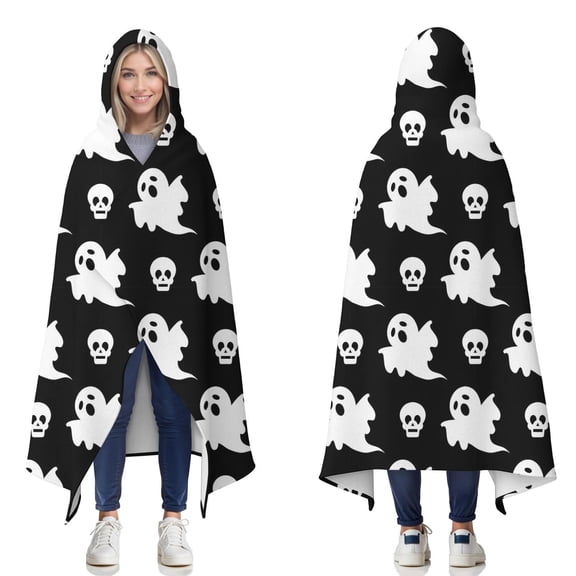 Wearable Blanket,Black Halloween Ghosts and Skulls Hooded Wearable Flannel Blanket for Adults & Teens,Winter Poncho Shawl Wrap Cape Cozy Anti-Pill,50"x60"